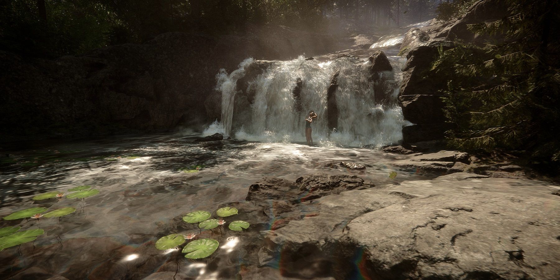 Image from Sons of the Forest showing Virginia under a waterfall in the distance.