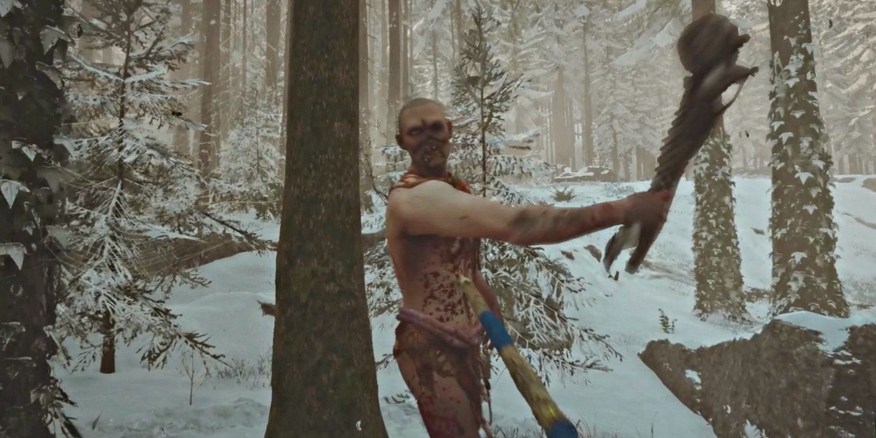 Screenshot from Sons of the Forest showing a cannibal attacking the player in the snow.