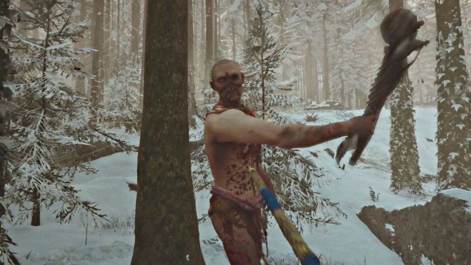 Screenshot from Sons of the Forest showing a cannibal attacking the player in the snow.