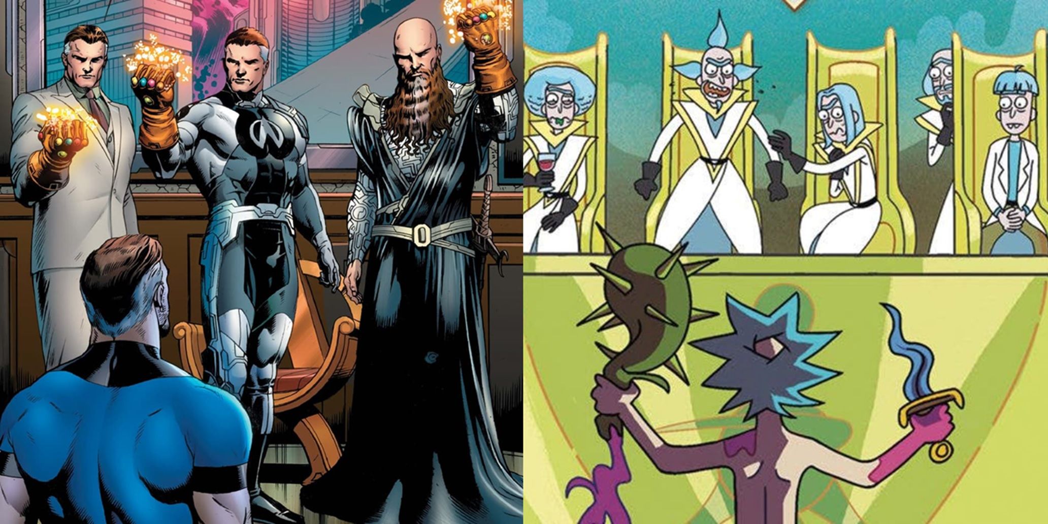 Split image of the Council of Reeds in Marvel Comics and the Council of Ricks in Rick and Morty
