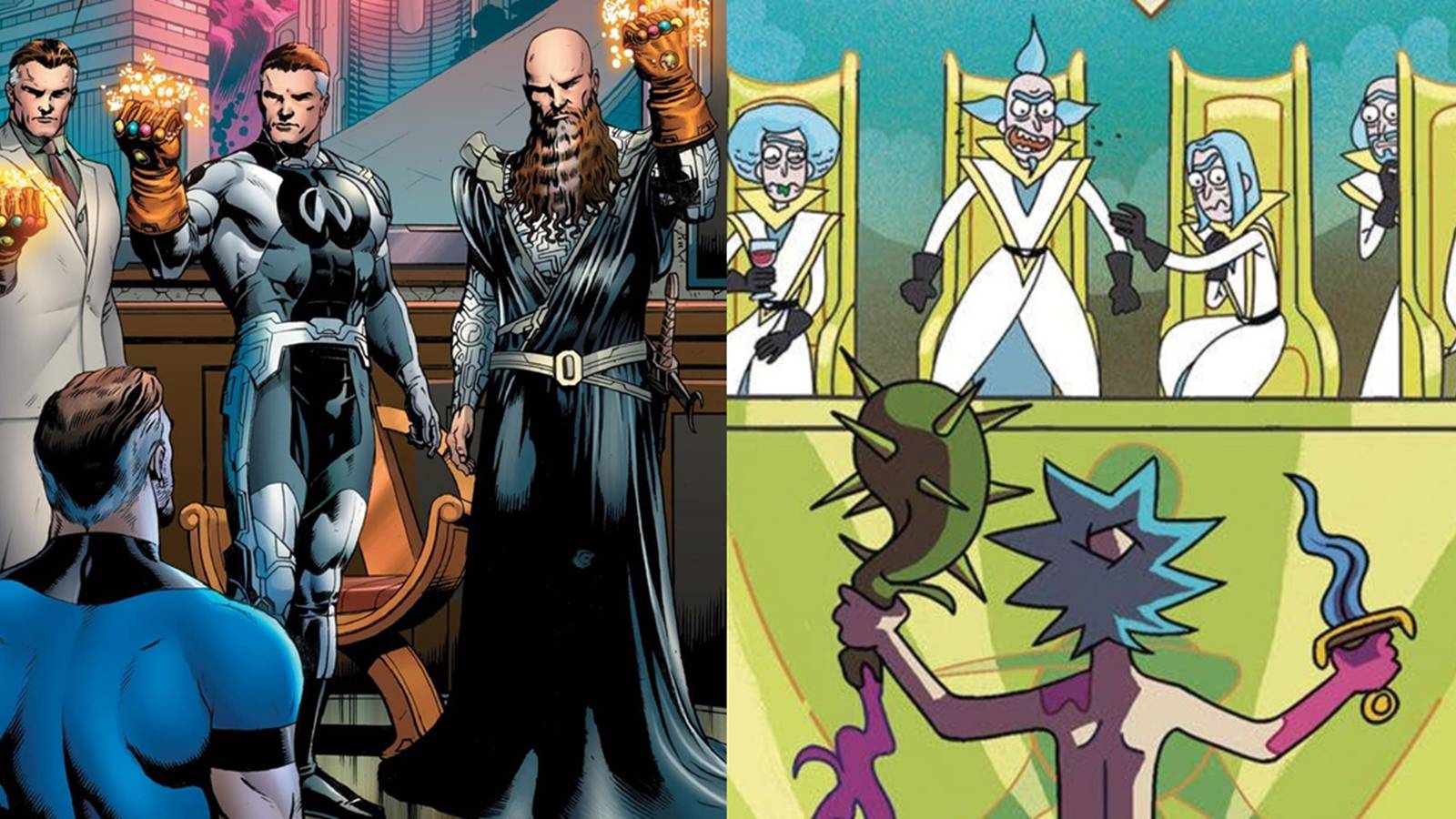 Split image of the Council of Reeds in Marvel Comics and the Council of Ricks in Rick and Morty