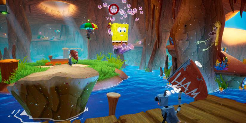 Spongebob using his Bubble Bash on a Hammer robot in Battle For Bikini Bottom Rehydrated