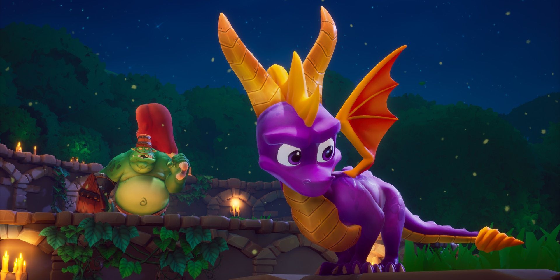 Spyro facing away from an enemy looking at him at night in Spyro Reignited Trilogy