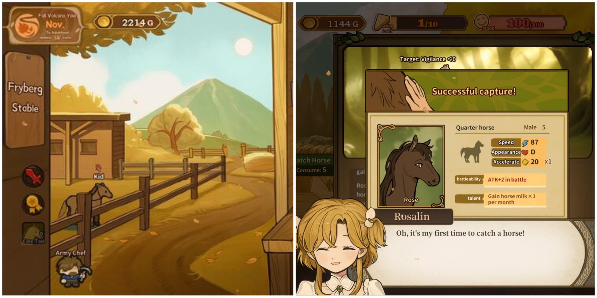 Stables and first horse stats in Volcano Princess