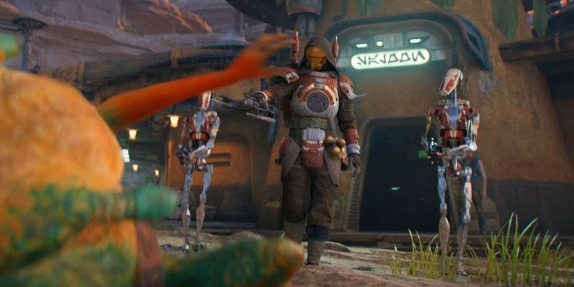 A screenshot of a Bedlam Raider and a pair of Batttle Droids menacing Turgle in Star Wars Jedi: Survivor.