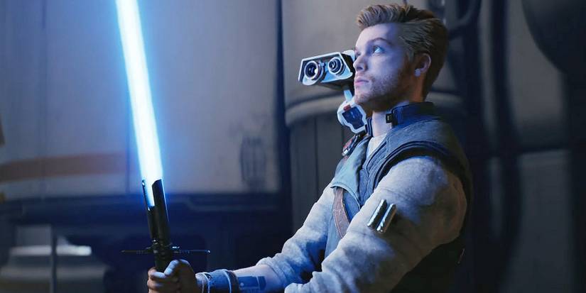 Image from Star Wars Jedi: Survivor showing Cal Kestis holding a lightsaber.