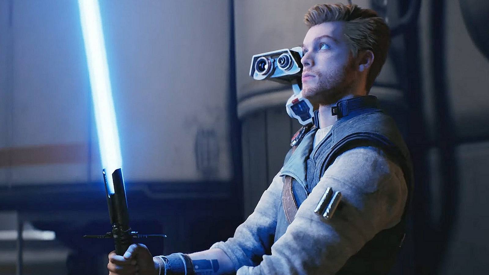 Image from Star Wars Jedi: Survivor showing Cal Kestis holding a lightsaber.