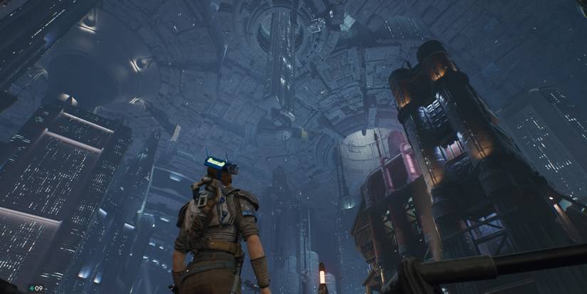 cal kestis looking up at coruscant's city