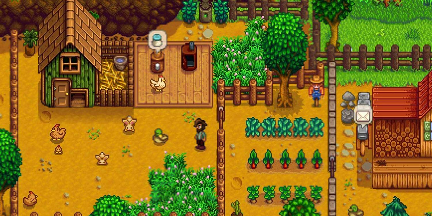 Gameplay from Stardew Valley showing the player near a house and multiple trees and fences