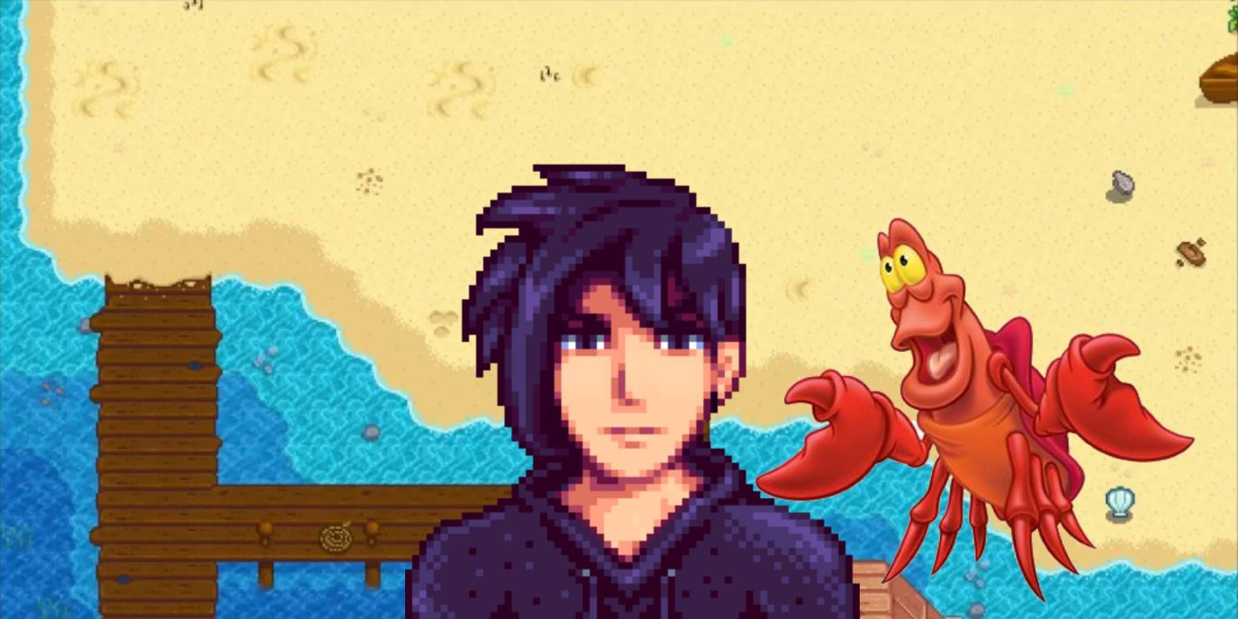 Sebastian from Stardew Valley at the beach with Sebastian from The Little Mermaid