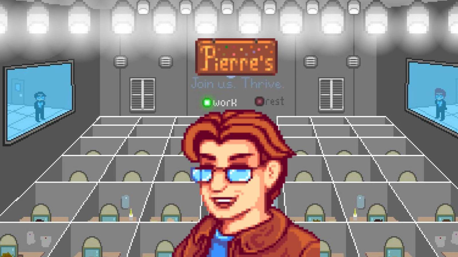 Stardew Valley intro scene with Pierre and a Pierre's sign in Joja's offices