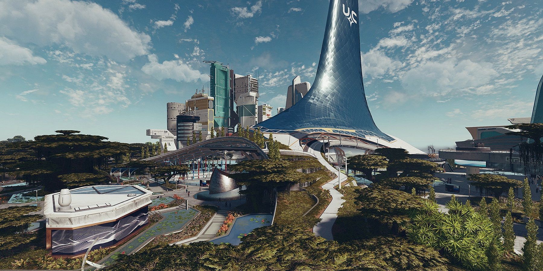 Image from Starfield showing a large metropolis on a lush green planet.