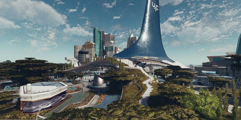 Image from Starfield showing a large metropolis on a lush green planet.