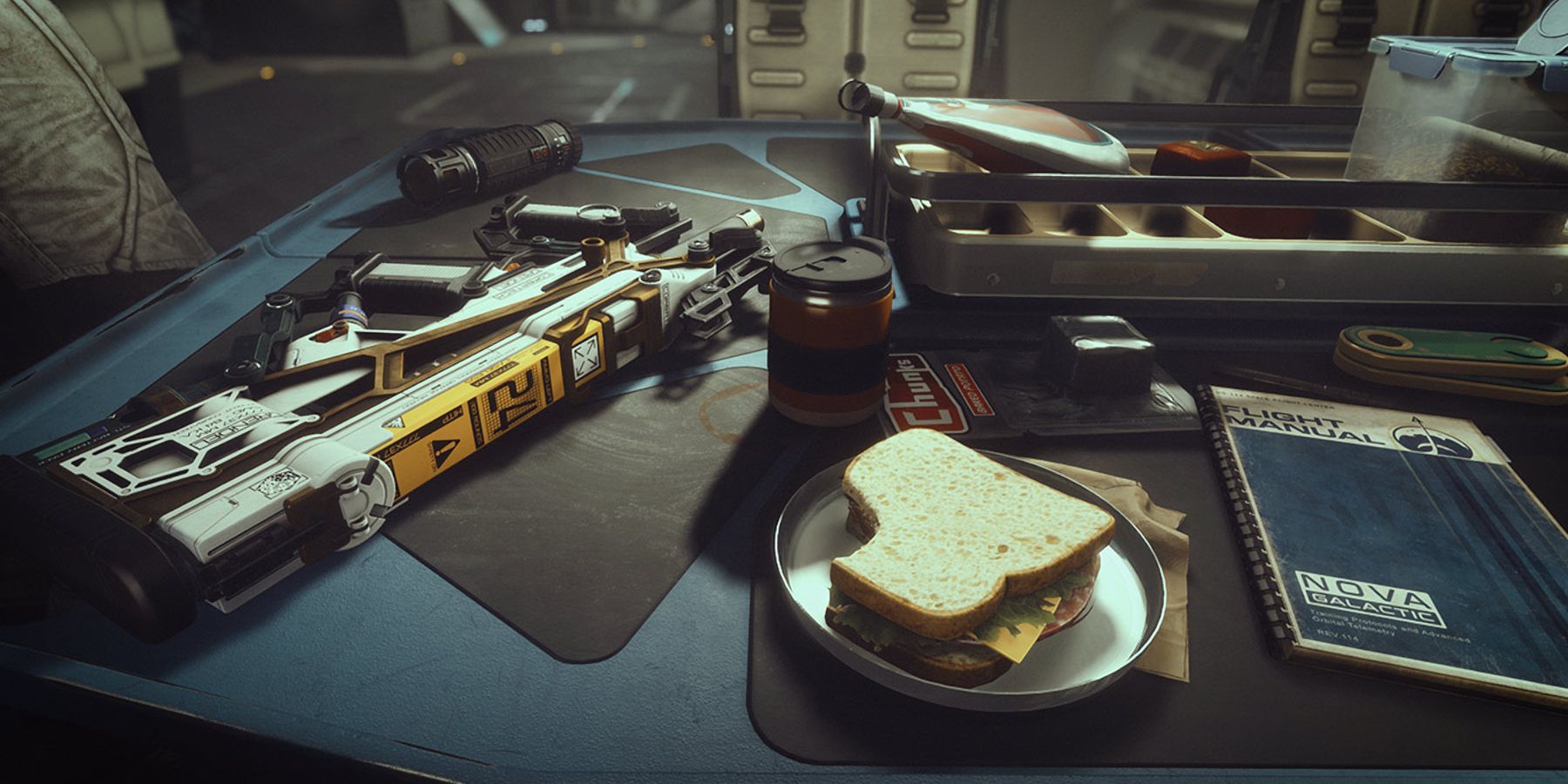 starfield table with sandwich and gun