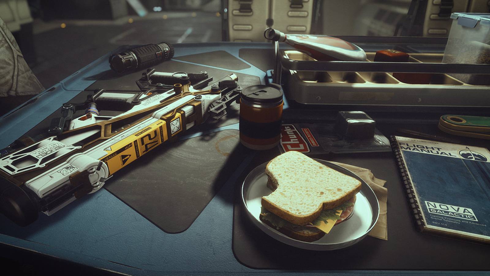 starfield table with sandwich and gun