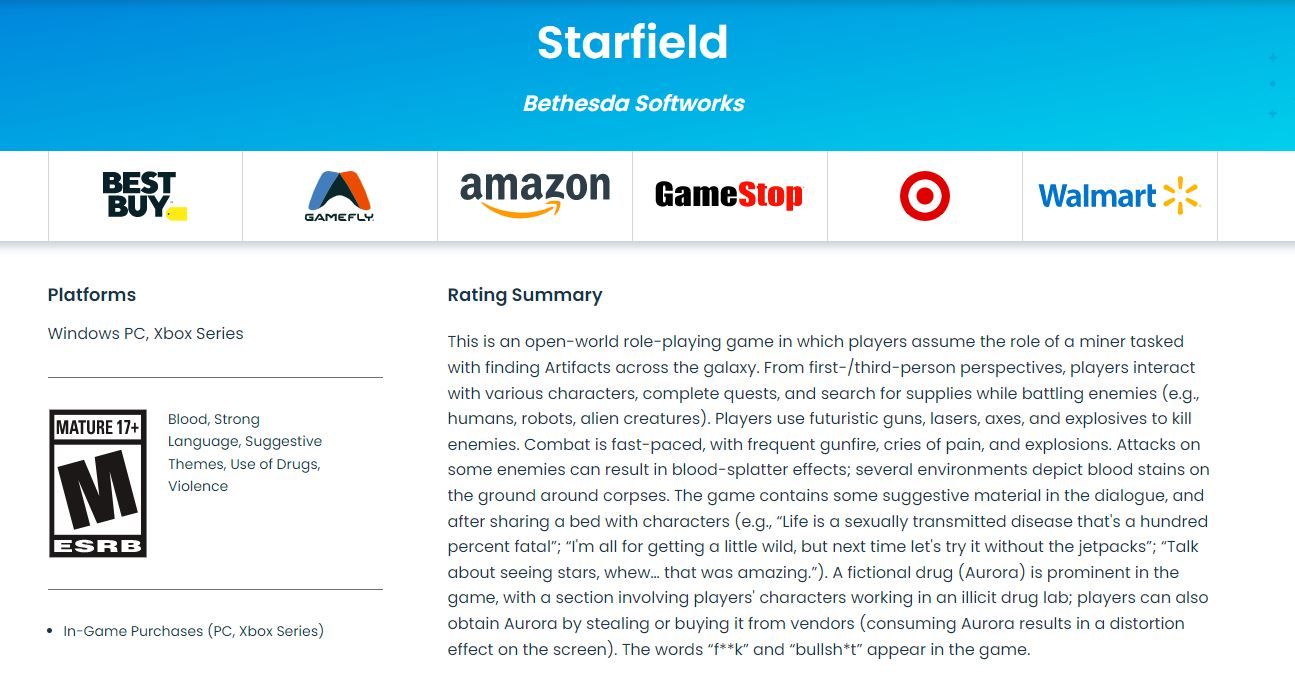 starfield mature 17+ rating esrb