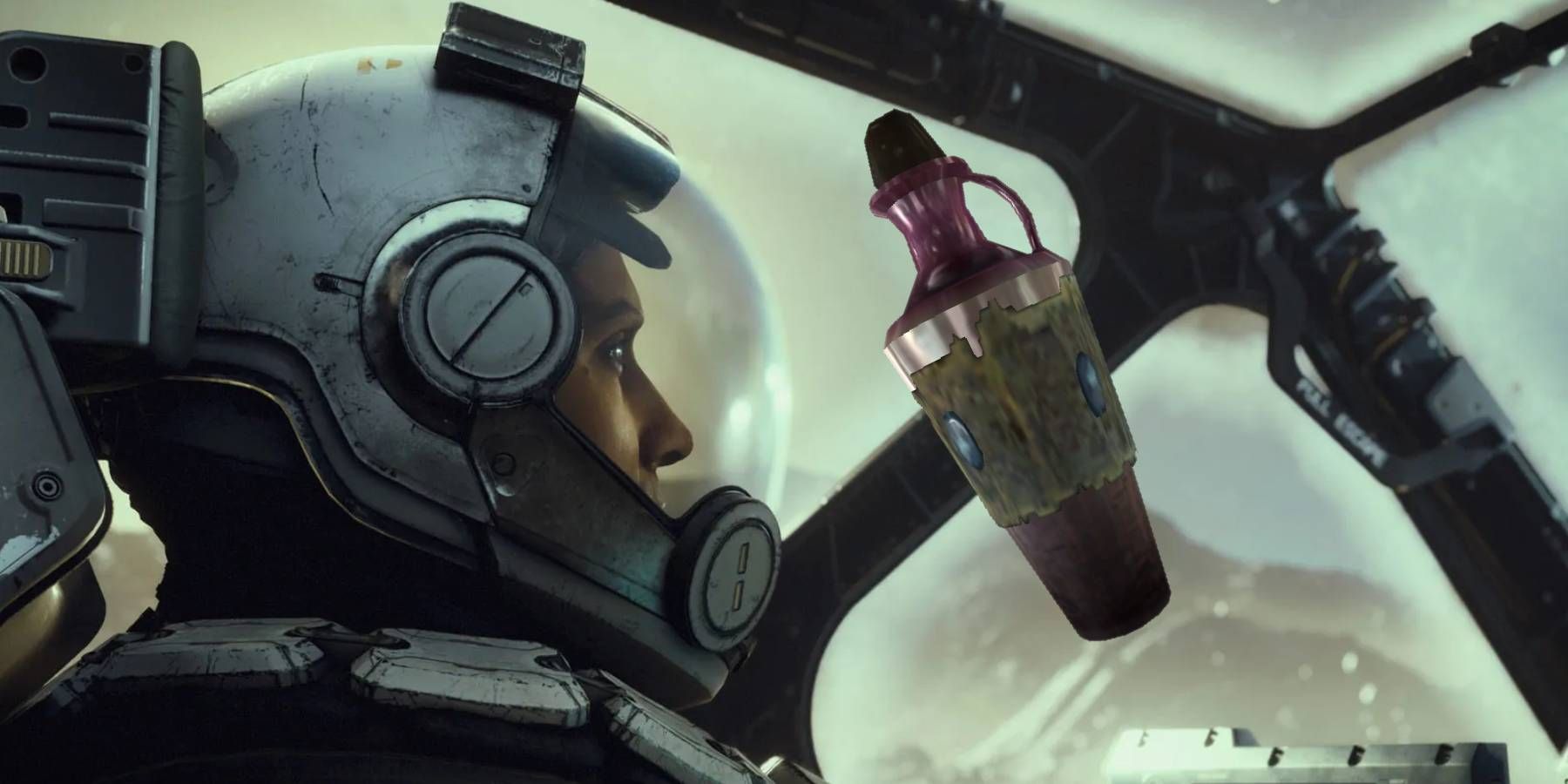 A pilot from Starfield looking at a bottle of Skooma from Skyrim