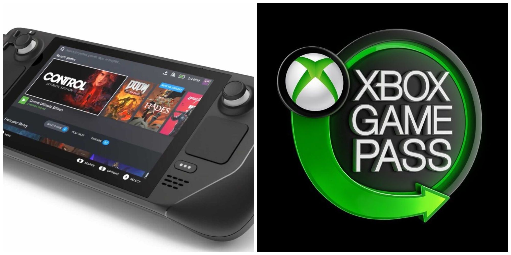 A Steam Deck beside the Xbox Game Pass logo