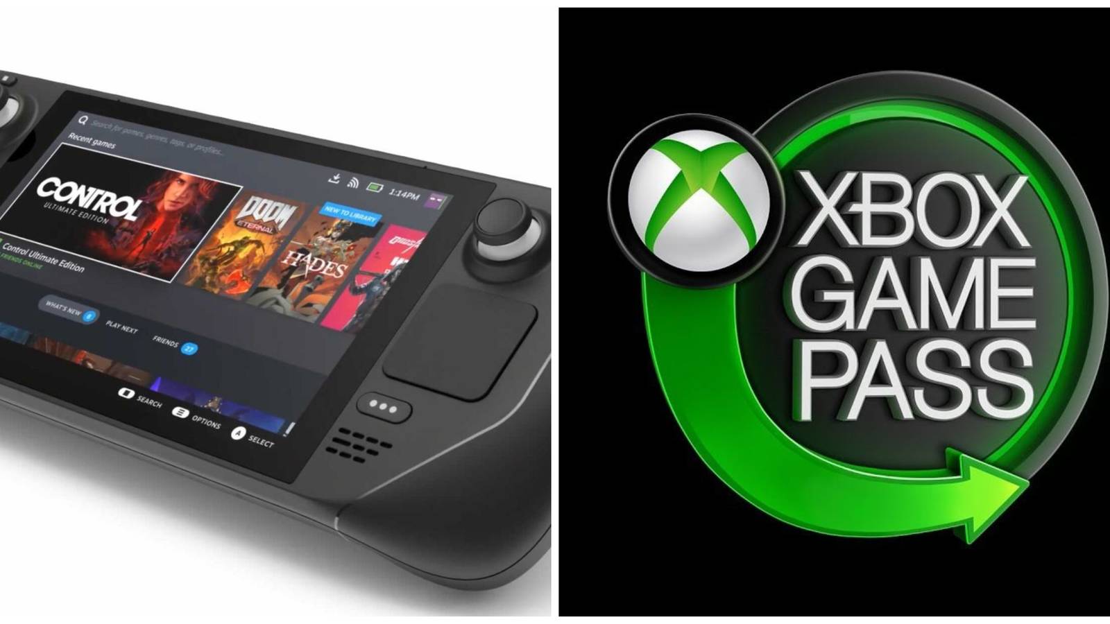 A Steam Deck beside the Xbox Game Pass logo