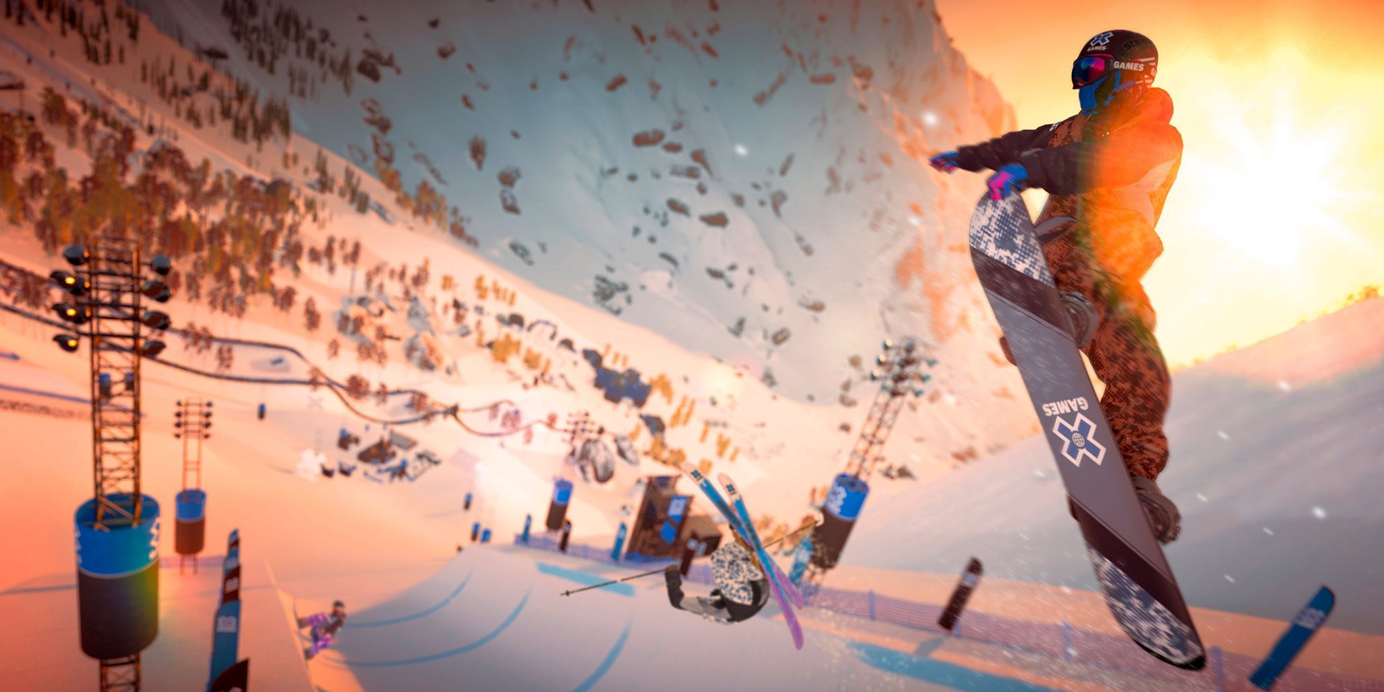 Three different characters doing tricks in Steep using skis or a snowboard