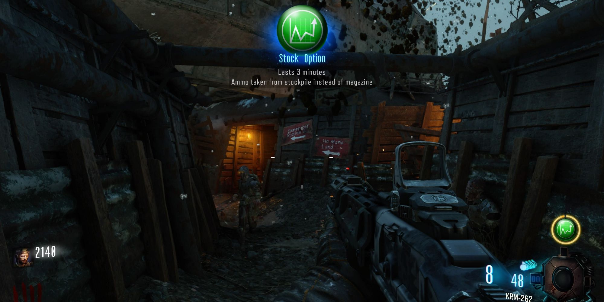 Gameplay from Call Of Duty: Black Ops 3 Zombie mode, showing the player has used a Stock Option Gobblegum