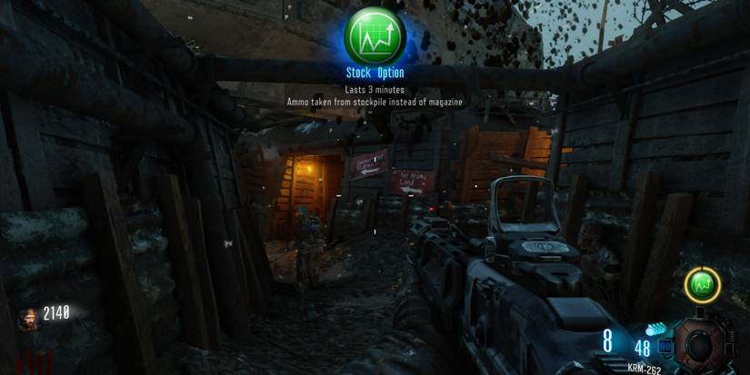 Gameplay from Call Of Duty: Black Ops 3 Zombie mode, showing the player has used a Stock Option Gobblegum