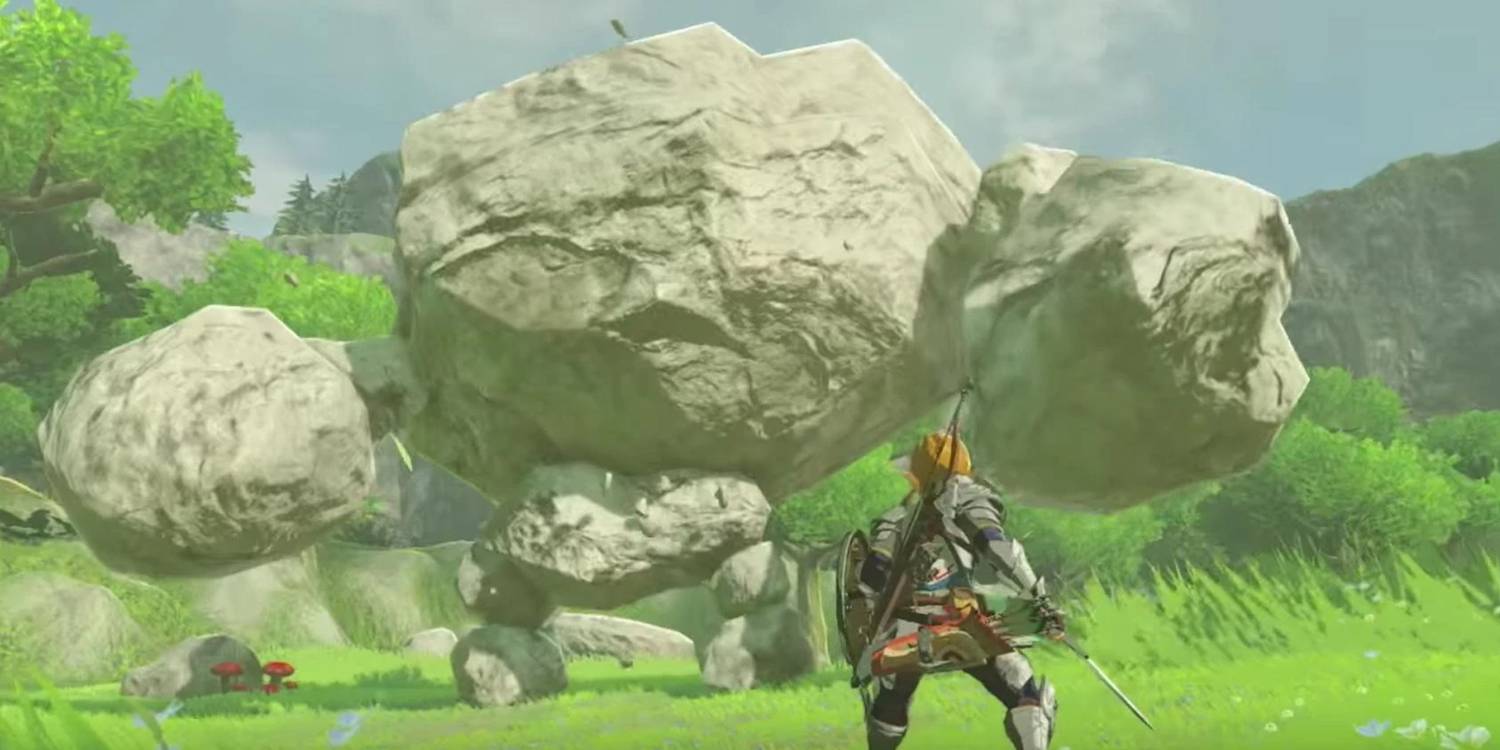 Link fighting a Stone Talus in Breath of the Wild