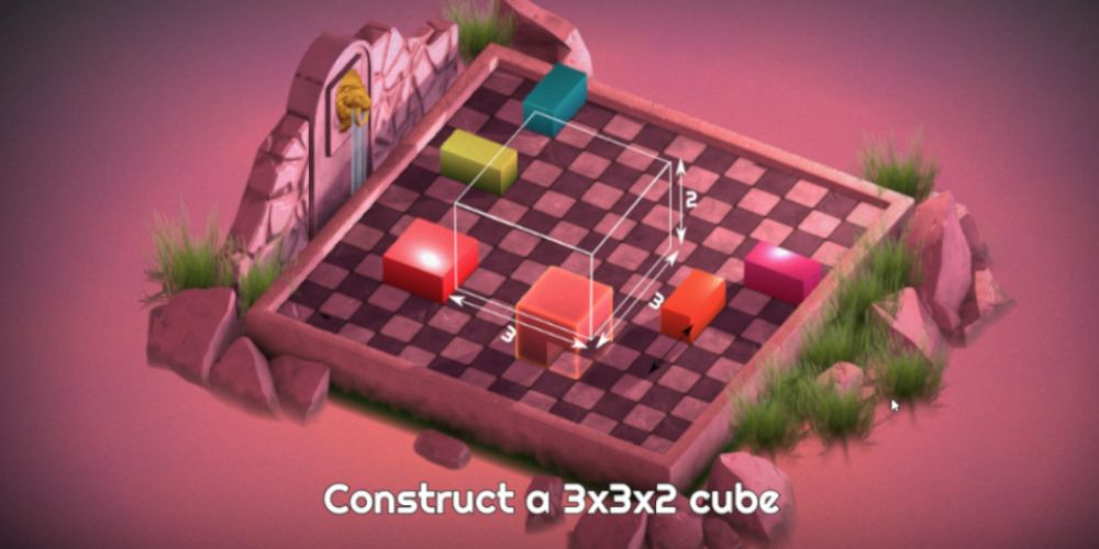 A checkered board with several colored blocks and an overlay of a cube outline. The text on the bottom reads: "Construct a 3x3x2 cube."