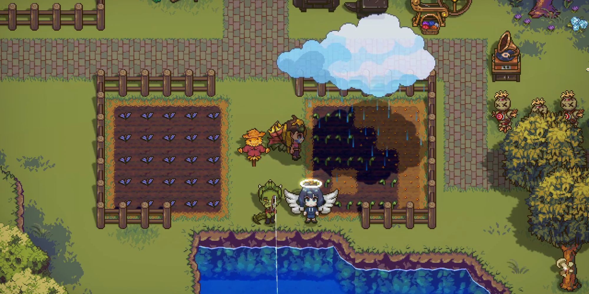 A player using a raincloud to water crops in Sun Haven while two other player fish nearby