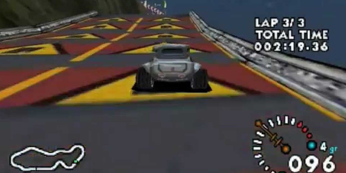 Sunt Racer 64 driving up ramp with arrows