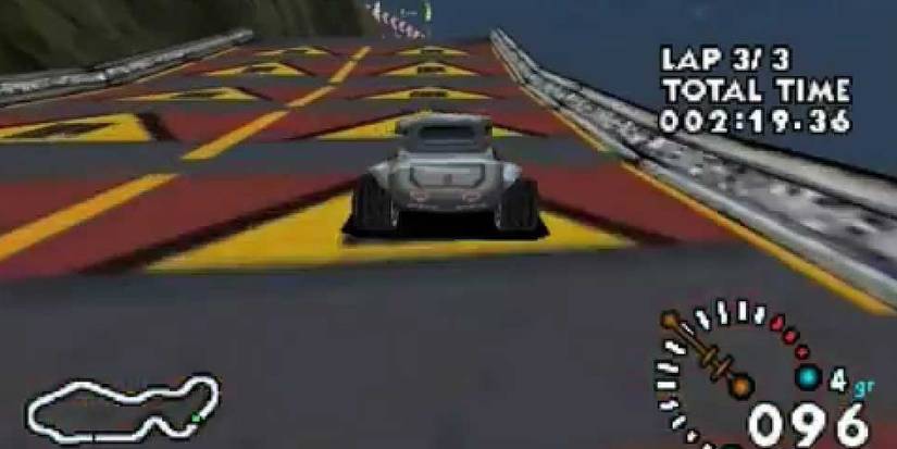 Sunt Racer 64 driving up ramp with arrows