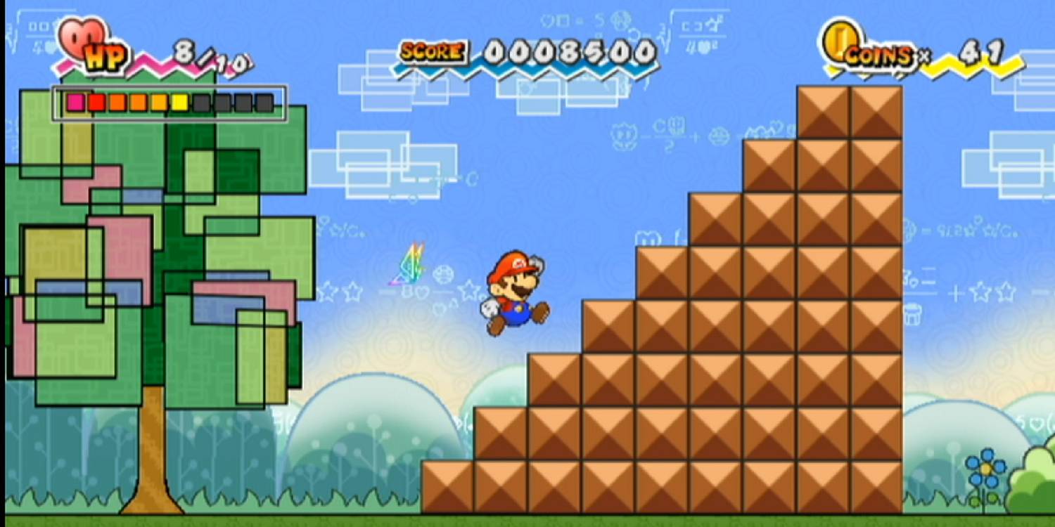Screenshot from Super Paper Mario, seeing him jump in a platform level typical of Maril