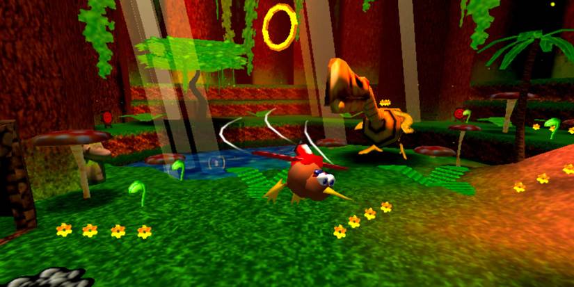 A kiwi flying around in a little jetpack around a Super Kiwi 64 stage