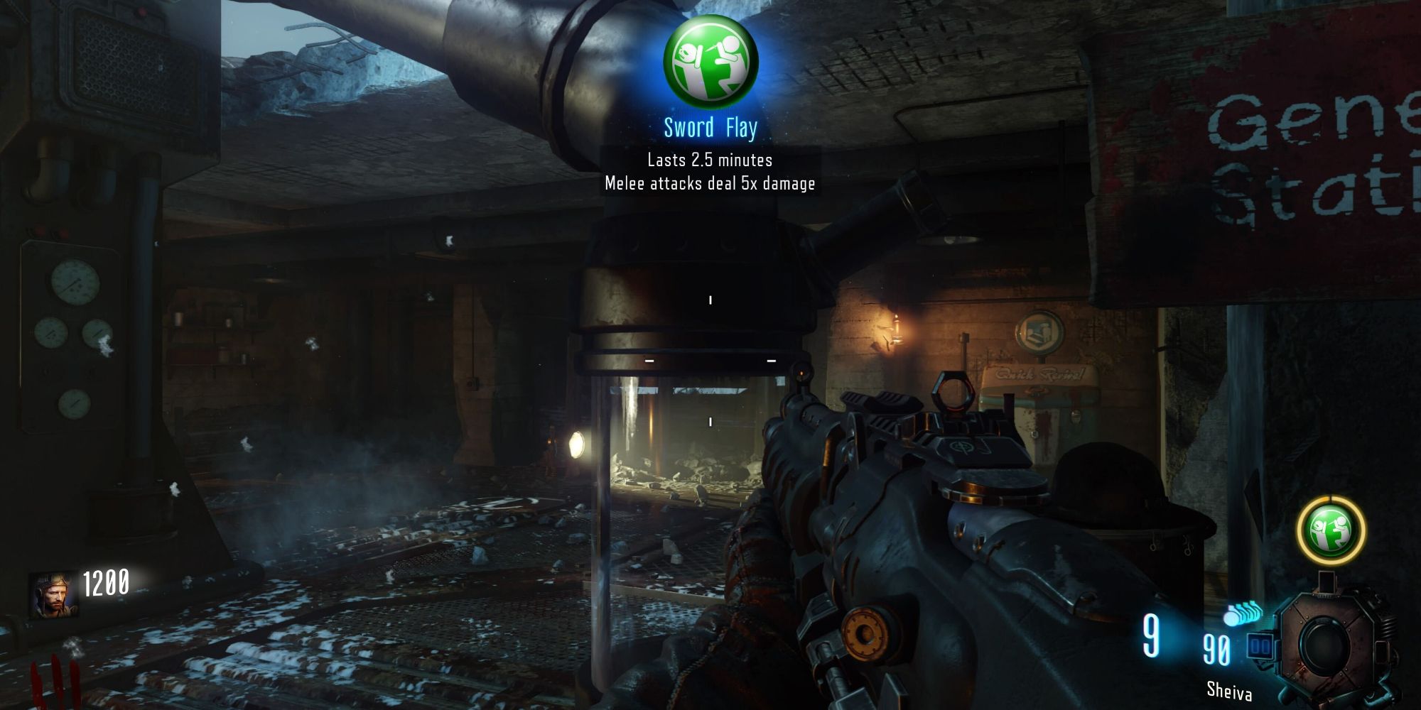 Gameplay from Call Of Duty: Black Ops Zombie mode, showing the player has used a Sword Flay Gobblegum