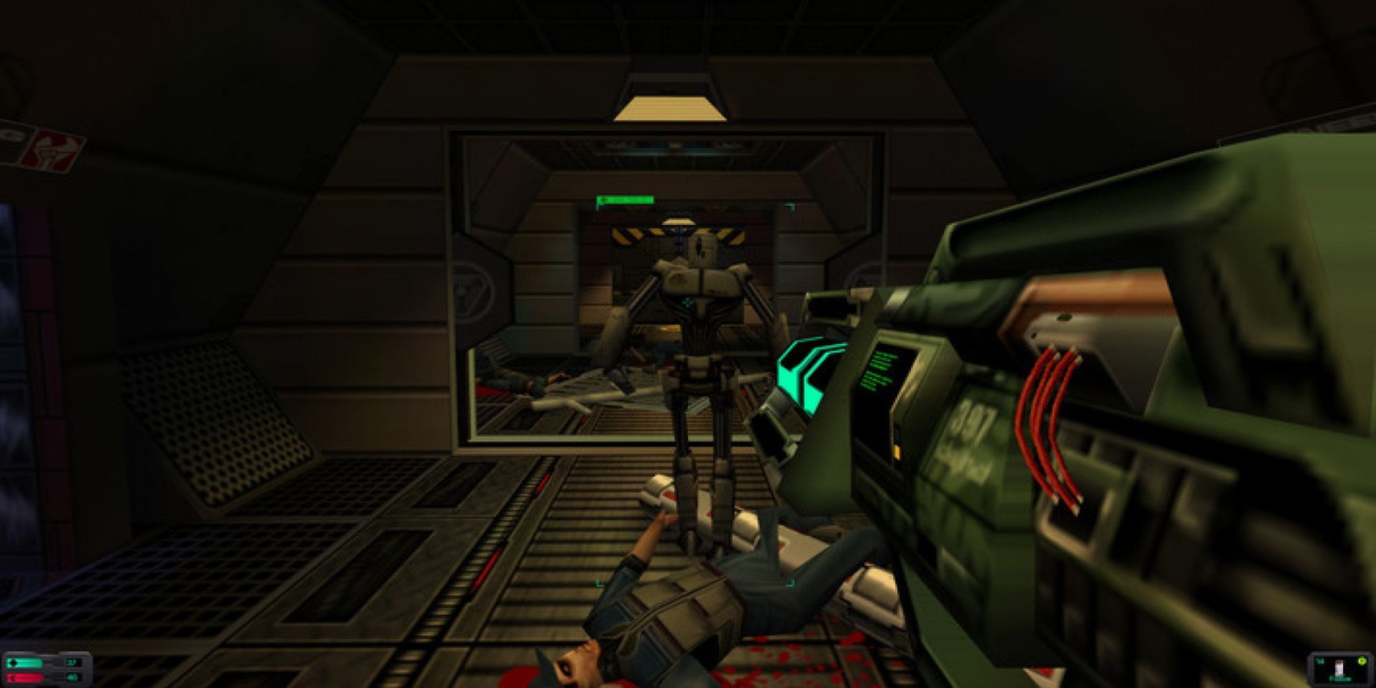 A player aiming at an enemy in front of him in System Shock 2