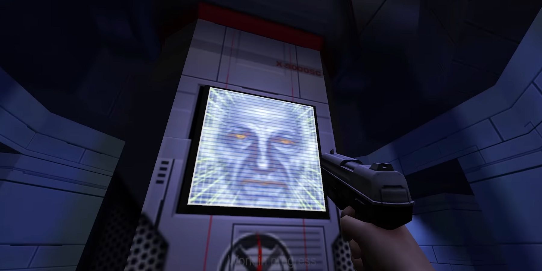 Image from t he Enhanced Edition of System Shock 2 showing the player looking up at a screen.