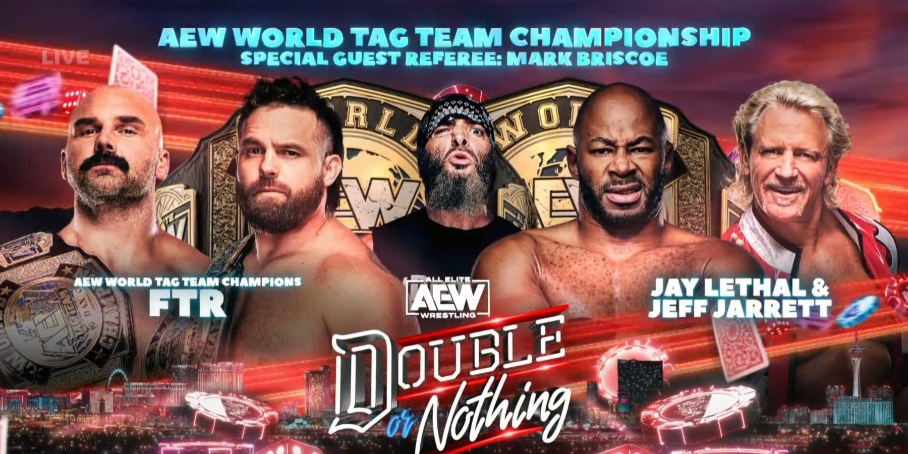 FTR and Jay Lethal and Jeff Jarrett AEW Double or Nothing 2023 graphic for World Tag Team Championship