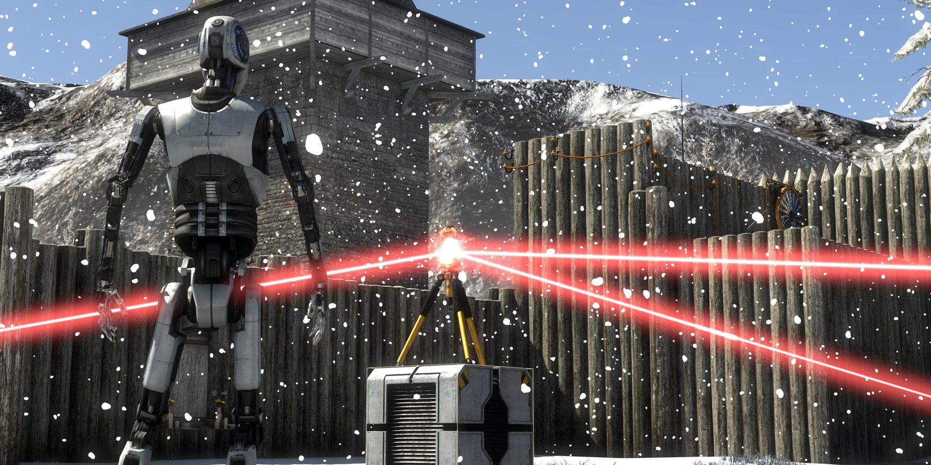 A device reflecting lasers in multiple directions as a robot watches in The Talos Principle