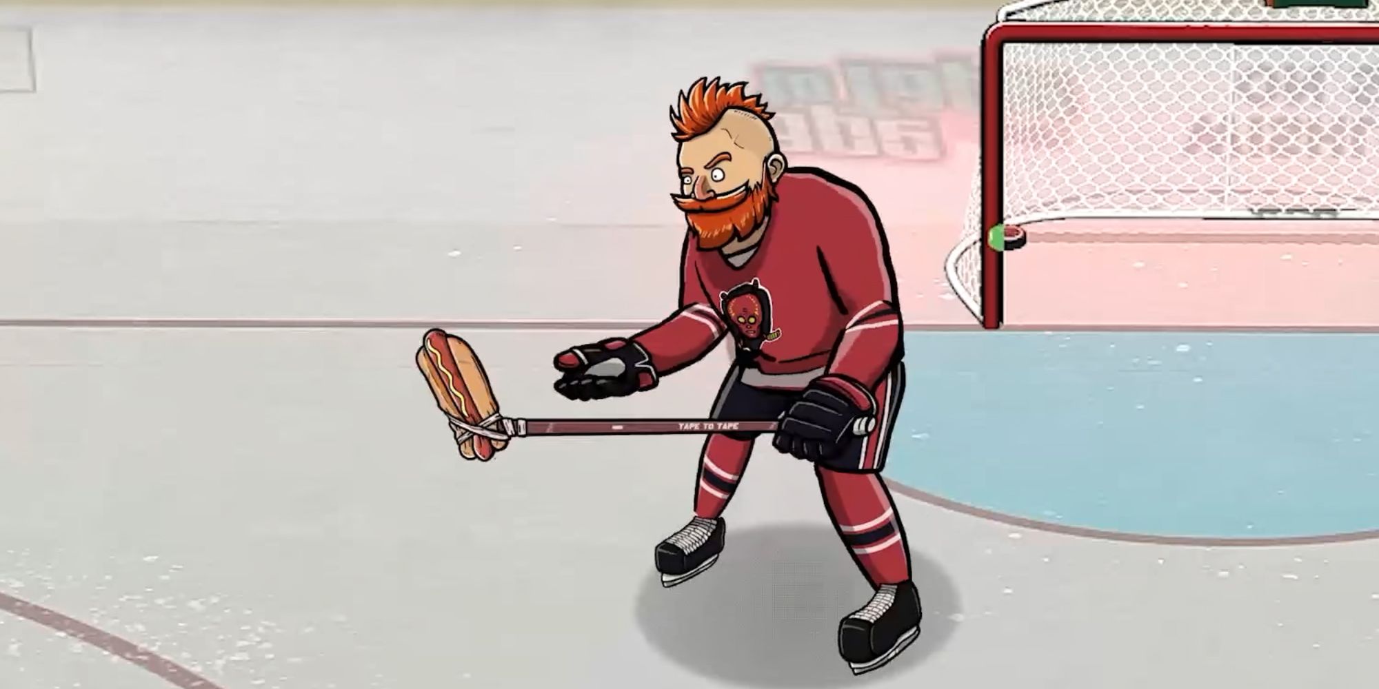 Tape-to-tape mascot Angus McShaggy holds a hot dog hockey stick