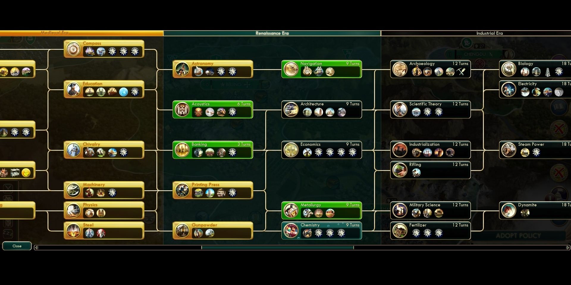 some completed techs in a civ 5 tech tree