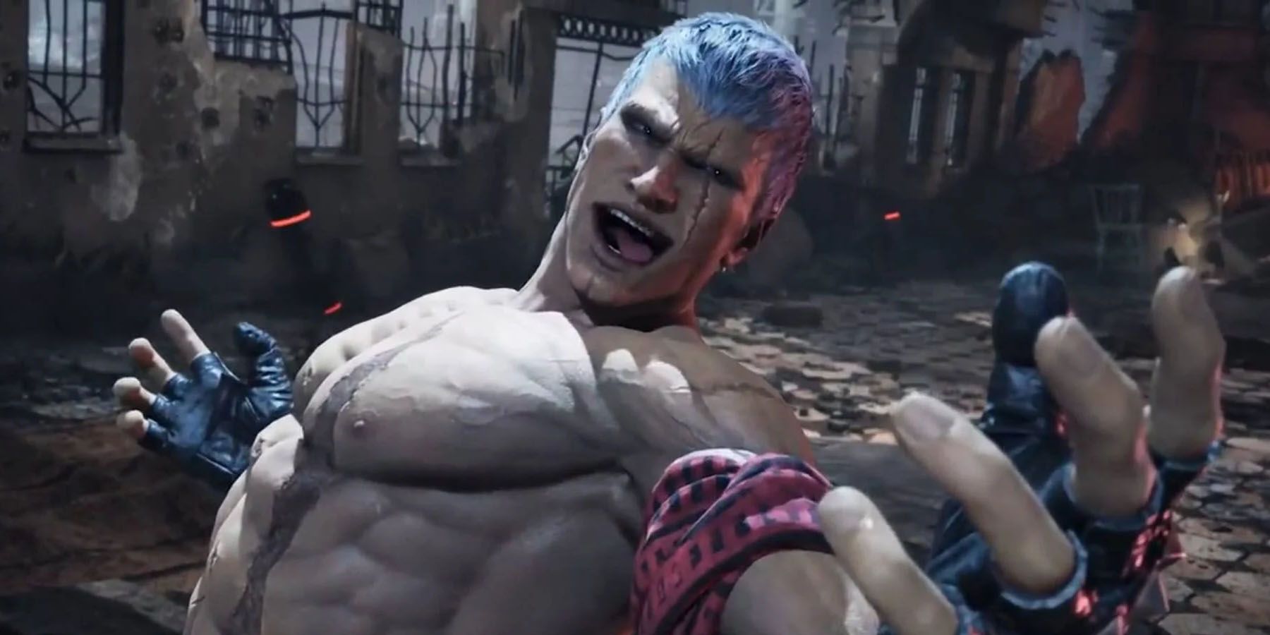A screenshot of Bryan Fury taunting his opponet in Tekken 8.