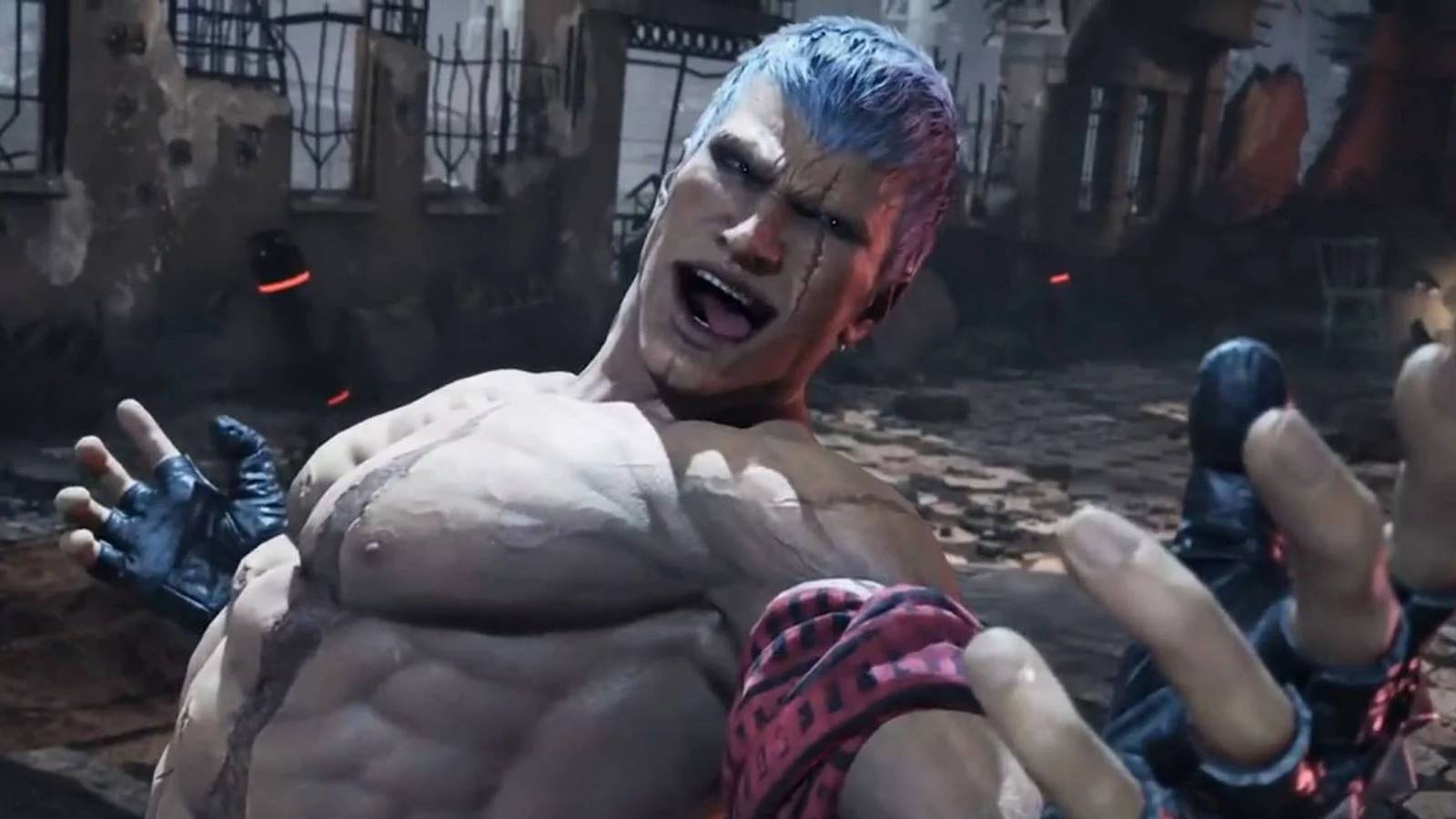 A screenshot of Bryan Fury taunting his opponet in Tekken 8.