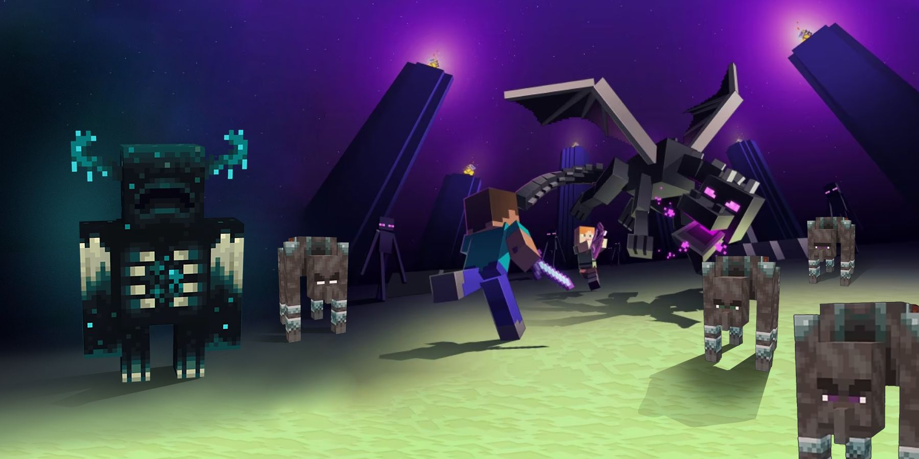 Our Minecraft hero faces off against the Ender Dragon, the Warden, and a pack of Ravagers!