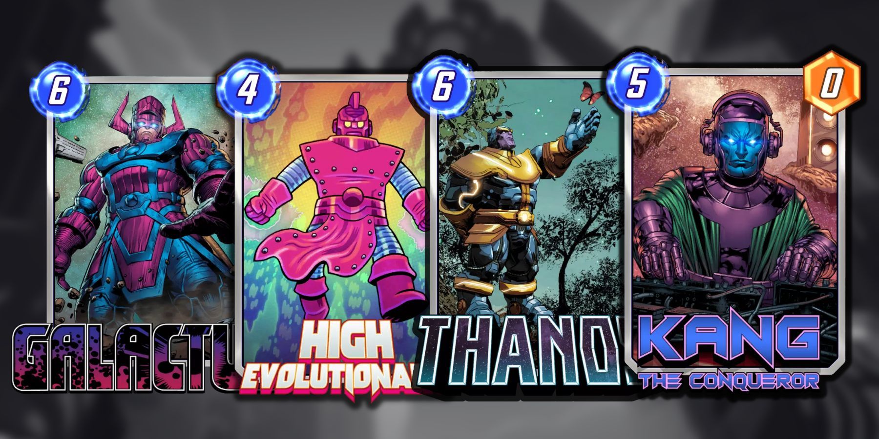 image showing galactus, thanos, kang, and high evolutionary, the four big bad of marvel snap.