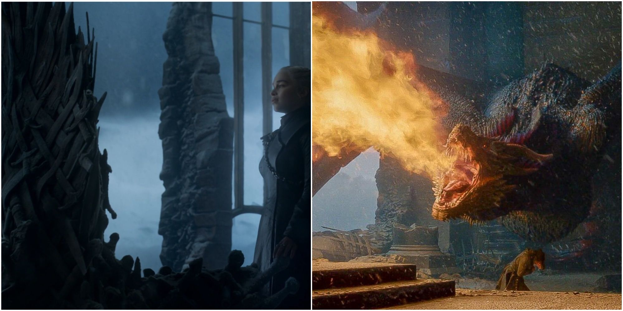 Split image of Daenerys Targaryen looking at the Iron Throne and Drogon breathing fire at the throne in Game of Thrones.