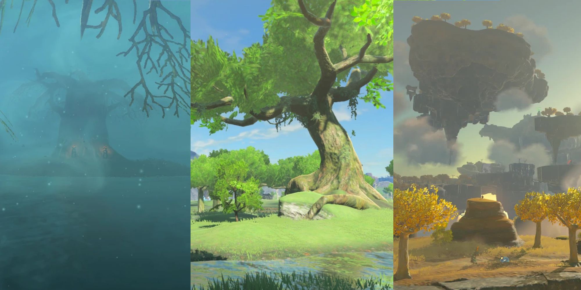 Split image: Depicting numerous of the disparate and beautiful locations throughout Tears of the Kingdom. 