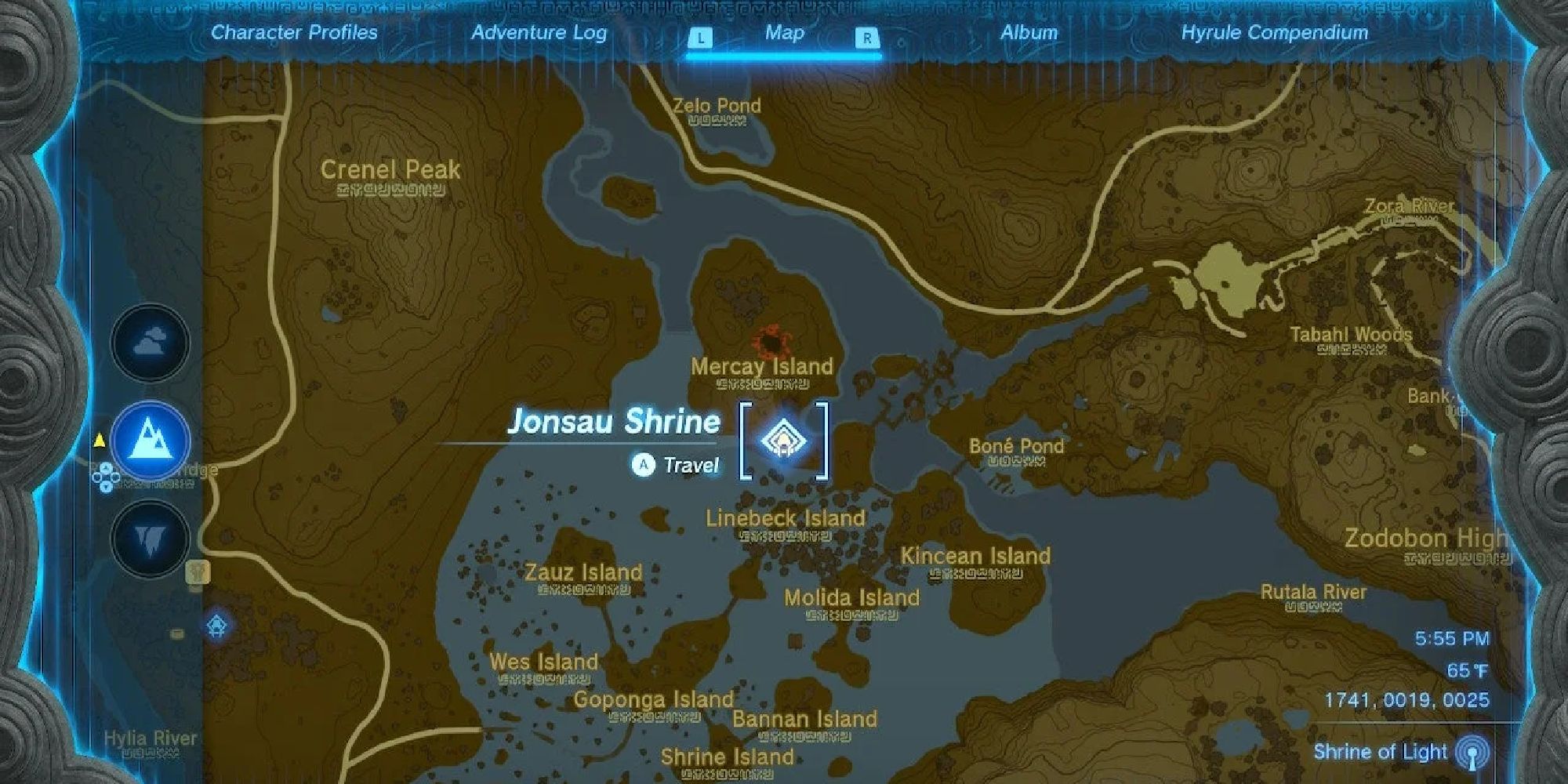 Screenshot of the map in Tears of the Kingdom, showing where Linebeck Island is located. 