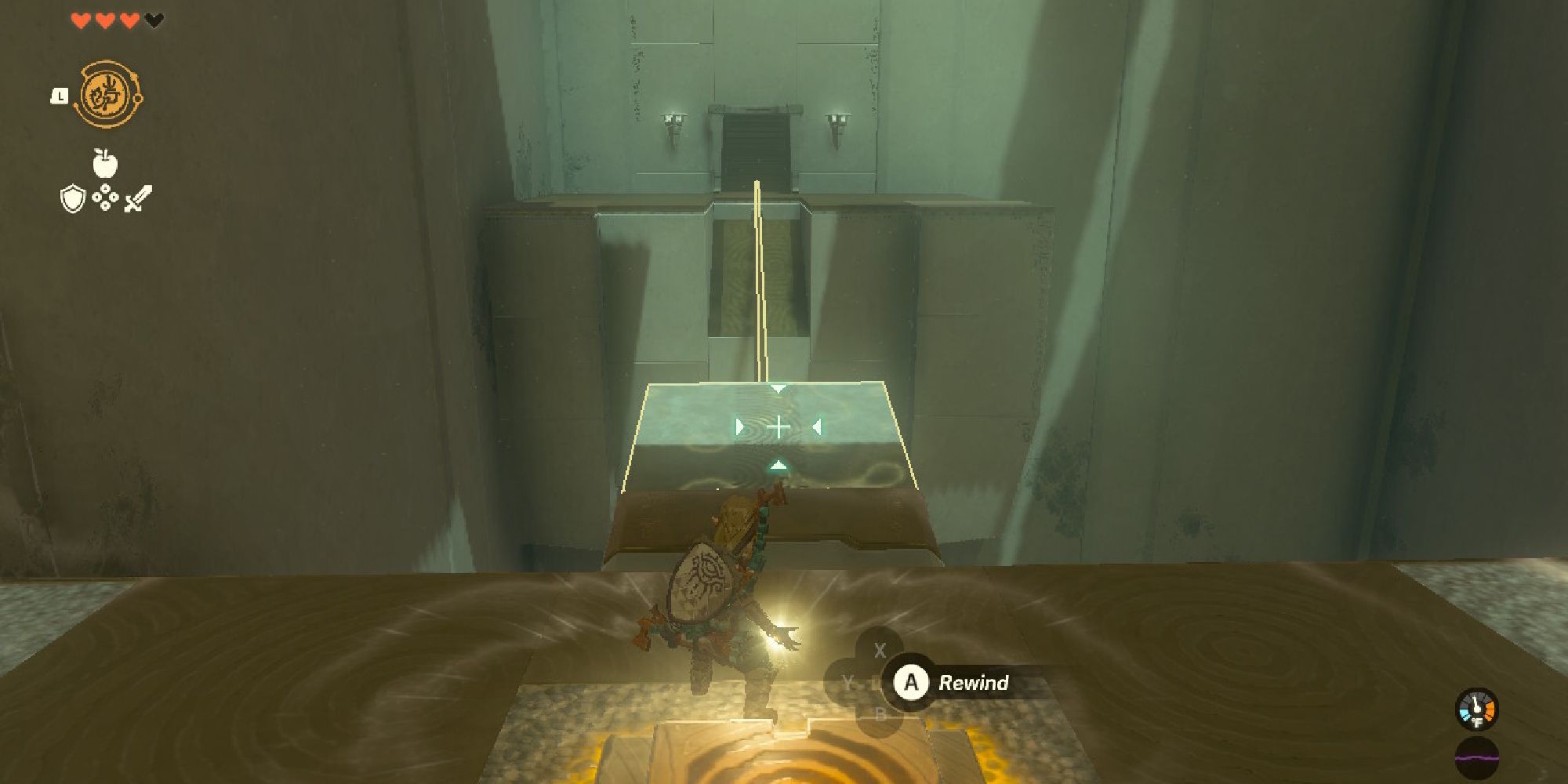 Link in the process of using the rewind ability to solve shrine puzzles. 