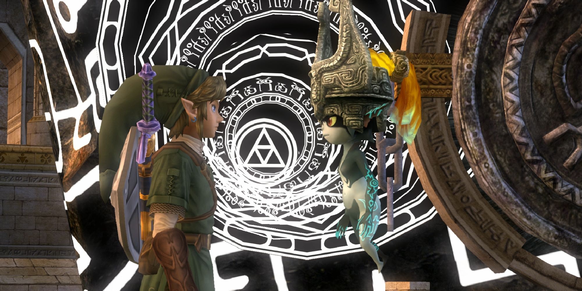 Link and Midna facing each other in front of a twilight portal. 