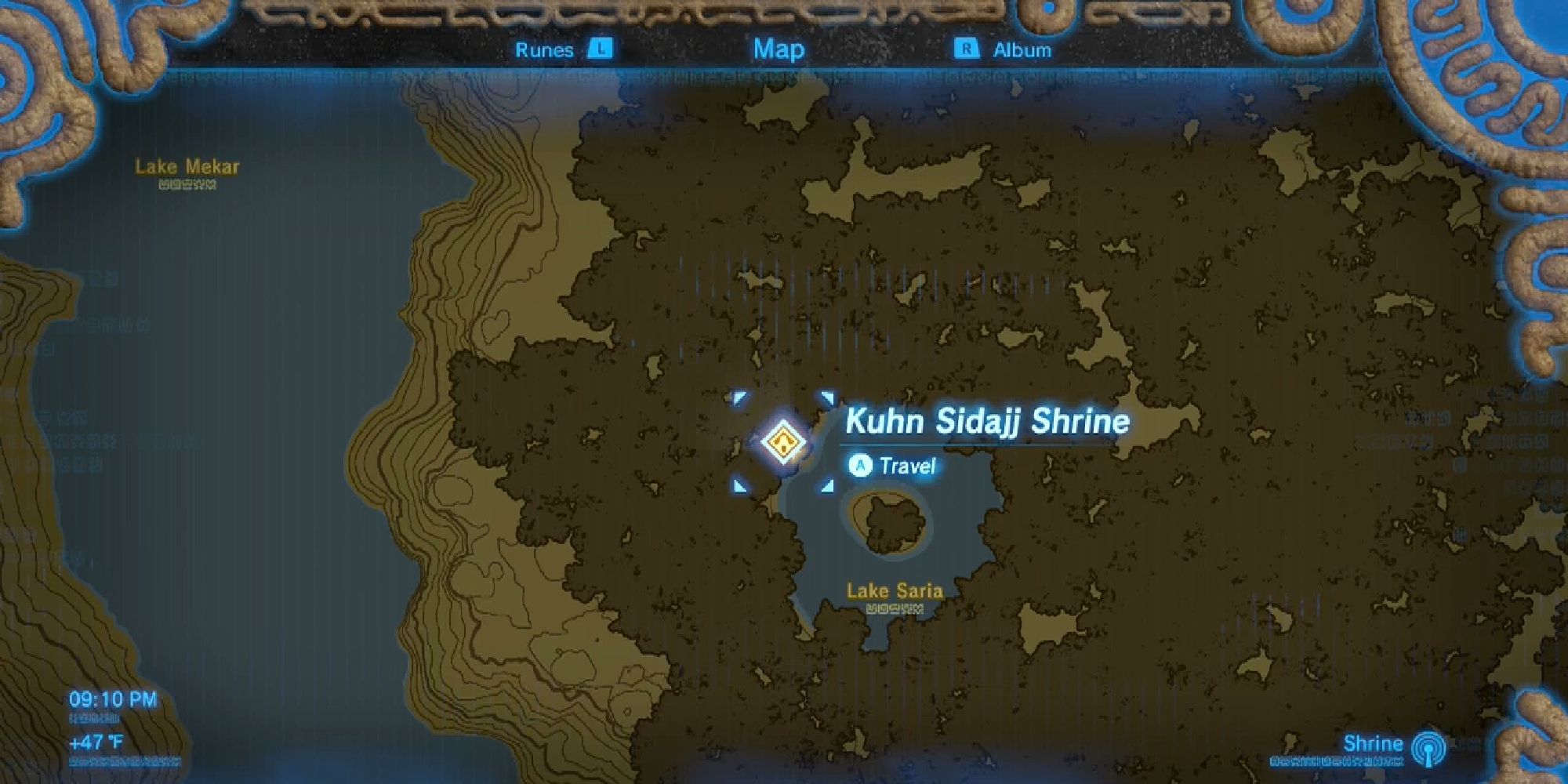 Map location showing Lake Saria, and the location of a nearby temple. 
